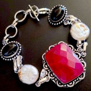 925 Sterling S Genuine Gemstone bracelet, Cherry, Ruby, Black Onyx & Pearl. B17